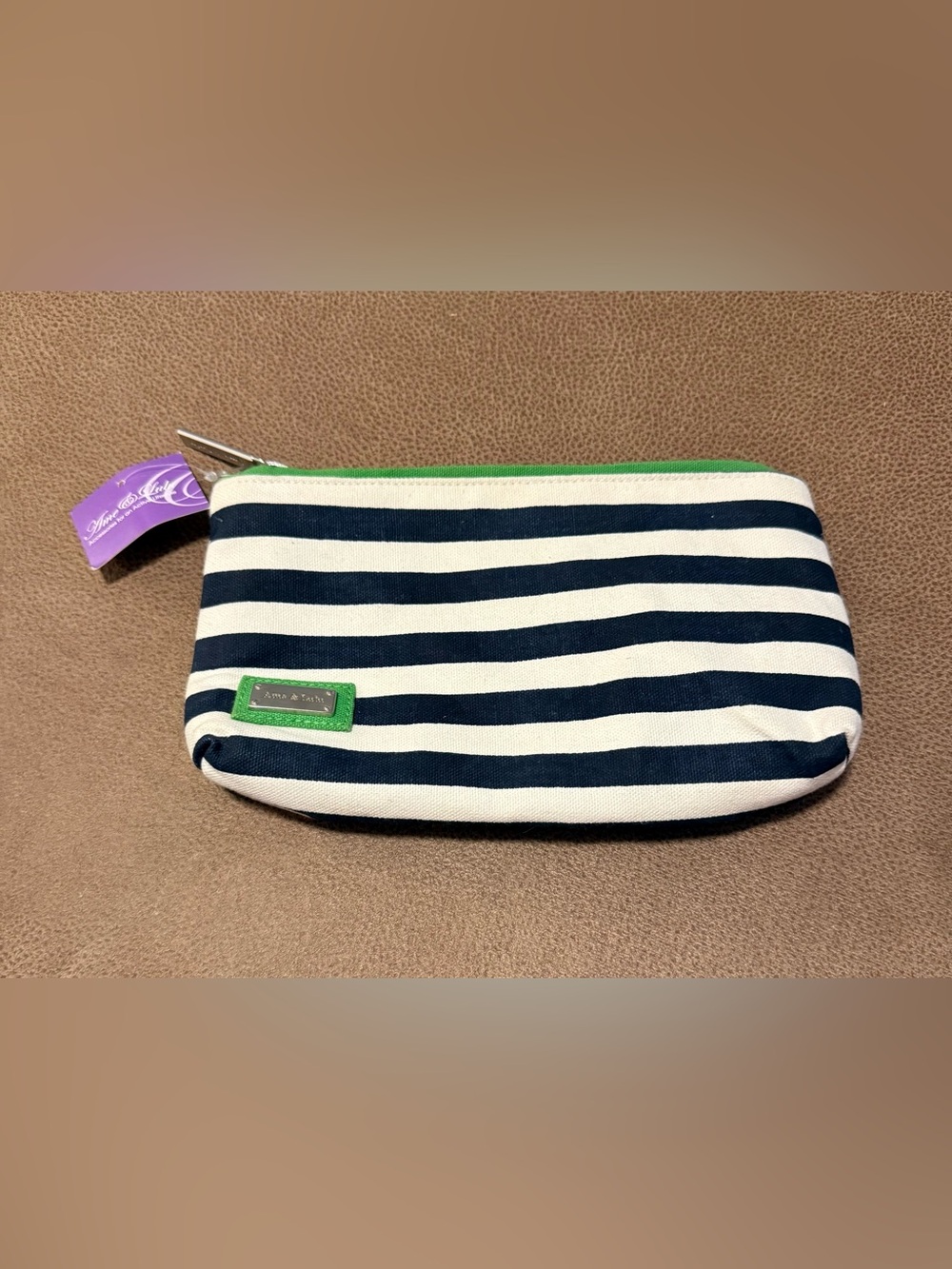 Striped Navy and White Canvas Cosmetic Pouch with Green Trim